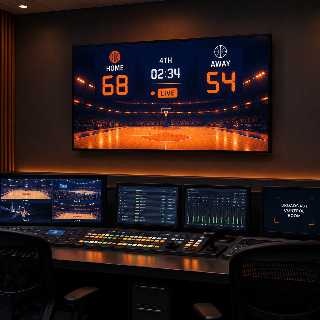 ScoreBeacon scoreboards shown on a studio display wall